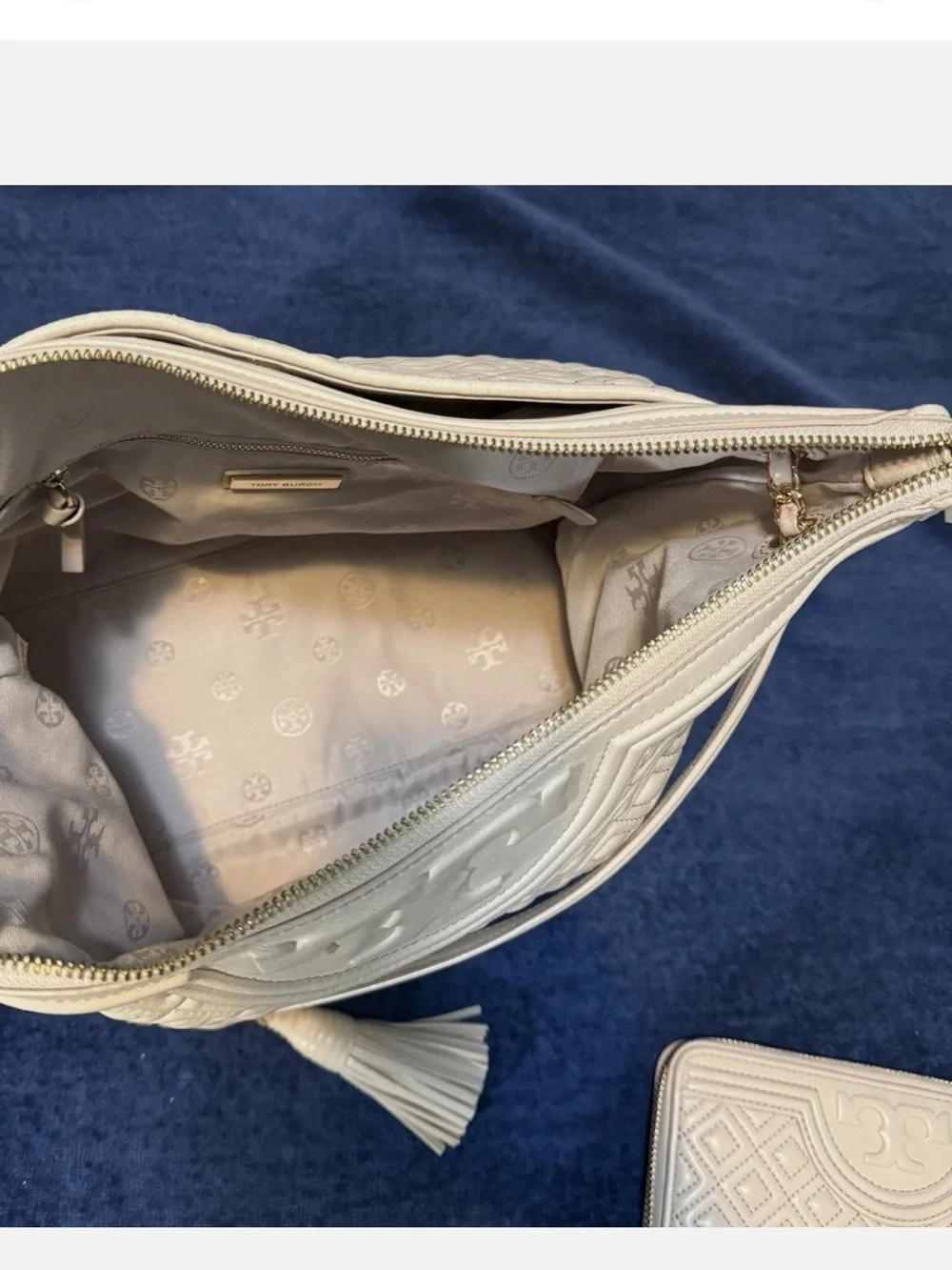 Tory Burch Cream Quilted Leather Shoulder Tote with Tassel & Wallet